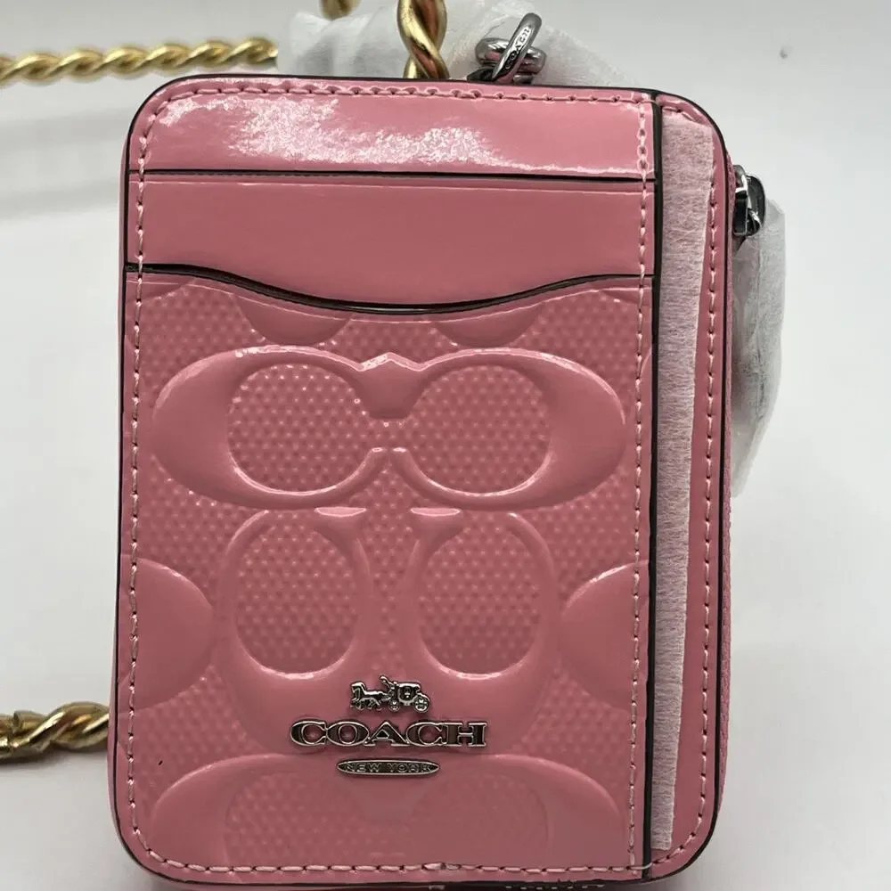 Coach Zip Card Case Wristlet In Signature Patent Leather CDQ15 Bright Pink NWT